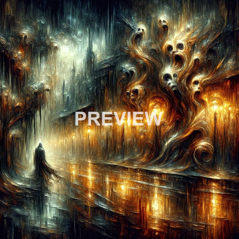 A surreal, fiery cityscape with swirling, ghostly faces emerging from the flames and smoke, illuminated by streetlights and casting reflections on wet pavement.